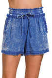 Mineral Washed Tencel Frayed Shorts | Blue