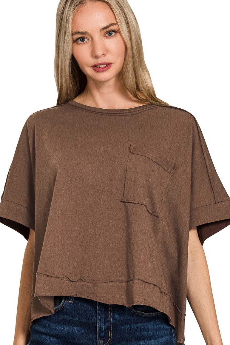 Exposed Seam Oversized Crop Boxy Tee | Brown