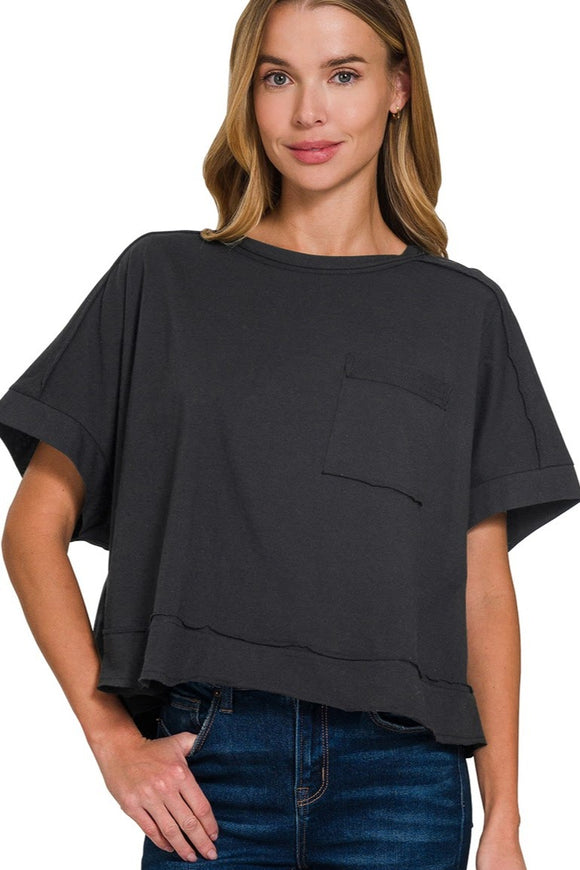 Exposed Seam Oversized Crop Boxy Tee | Black
