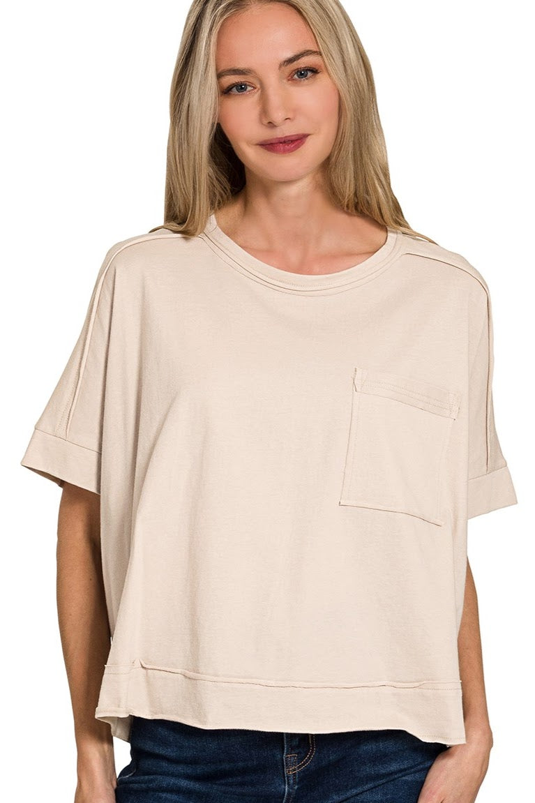 Exposed Seam Oversized Crop Boxy Tee | Beige