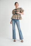 Plaid Bow Peplum Top | Taupe
