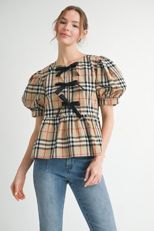 Plaid Bow Peplum Top | Taupe