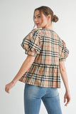 Plaid Bow Peplum Top | Taupe
