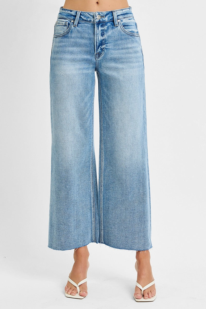 Risen Jeans | Mid Rise Crop Wide Raw Cut Hem