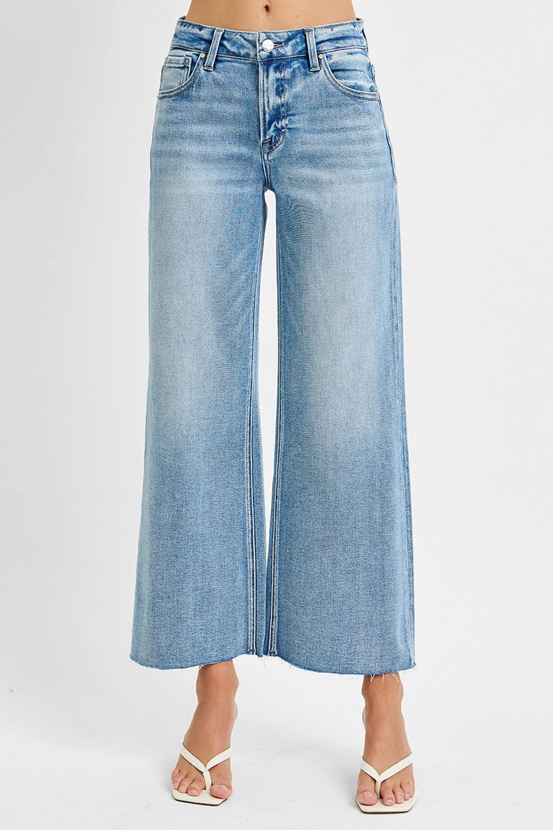 Risen Jeans | Mid Rise Crop Wide Raw Cut Hem