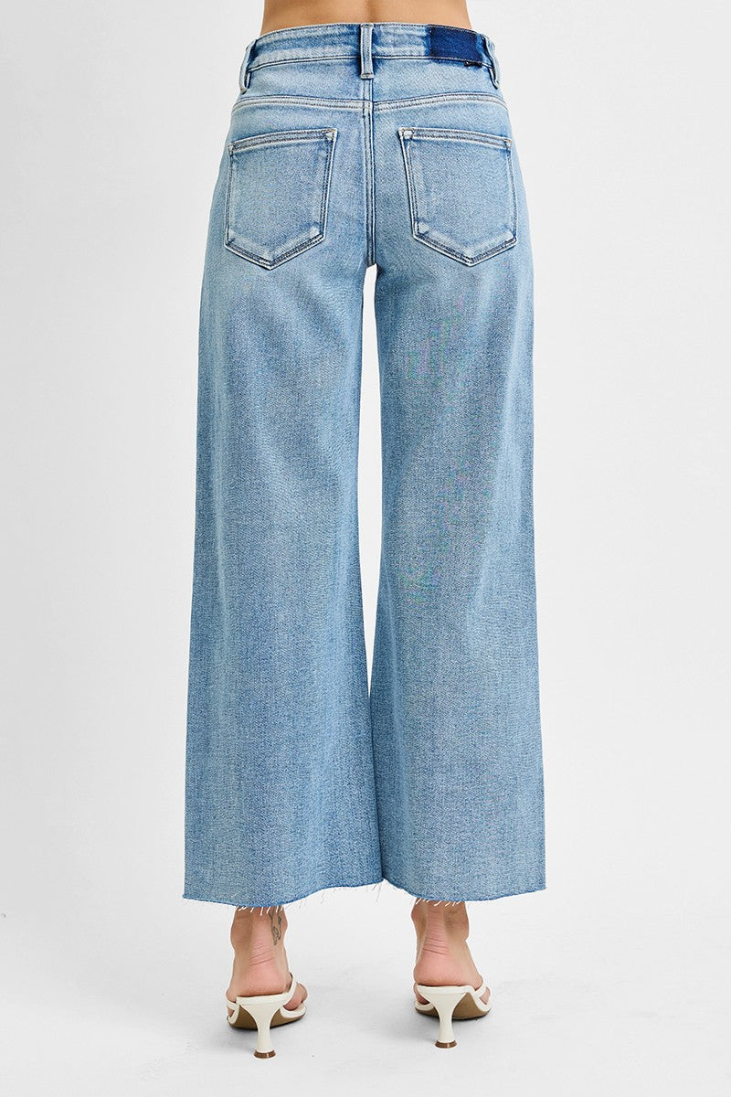 Risen Jeans | Mid Rise Crop Wide Raw Cut Hem