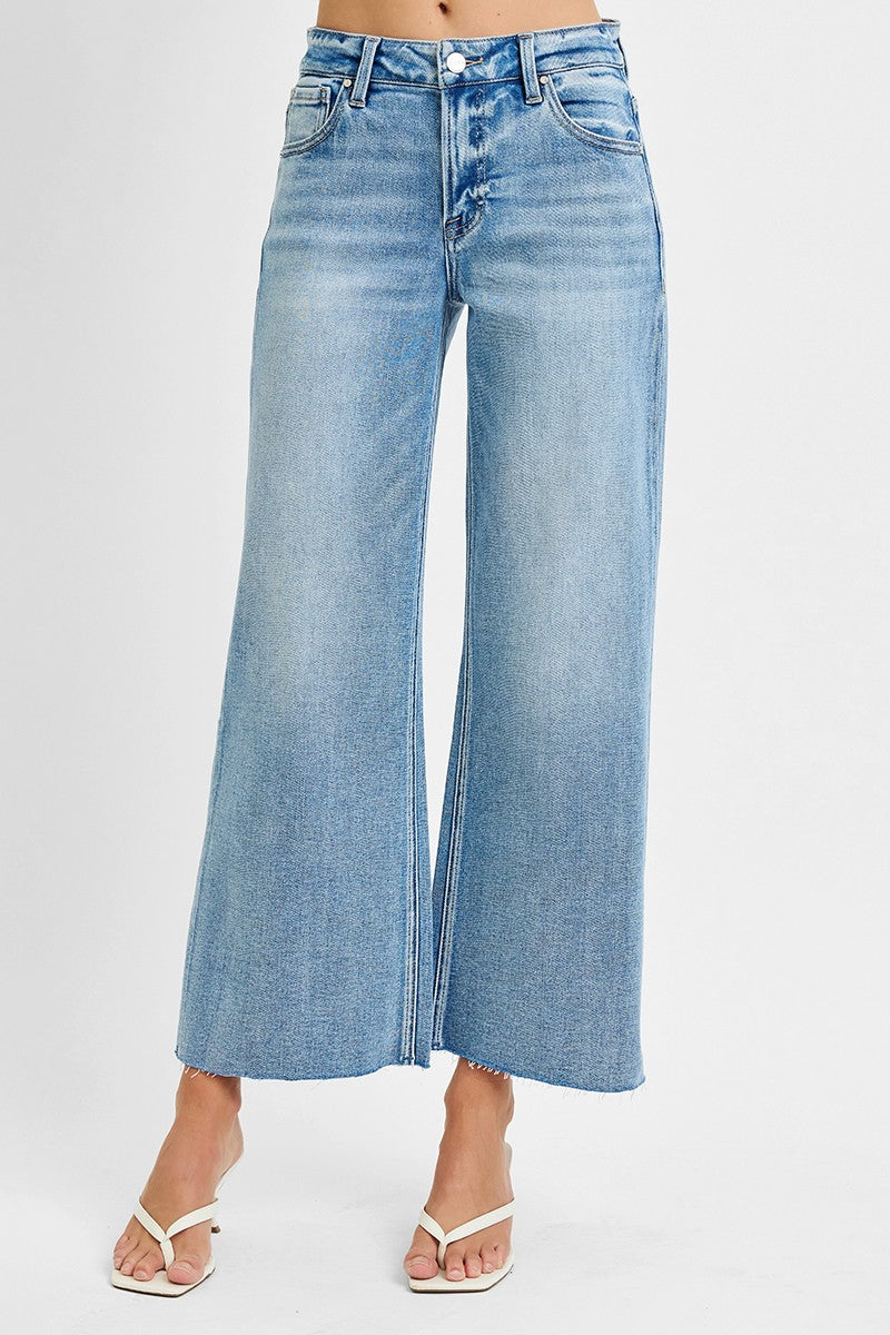 Risen Jeans | Mid Rise Crop Wide Raw Cut Hem