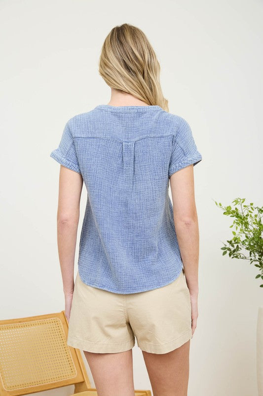 Washed Crinkle Short Sleeve Henley Top | Chambray