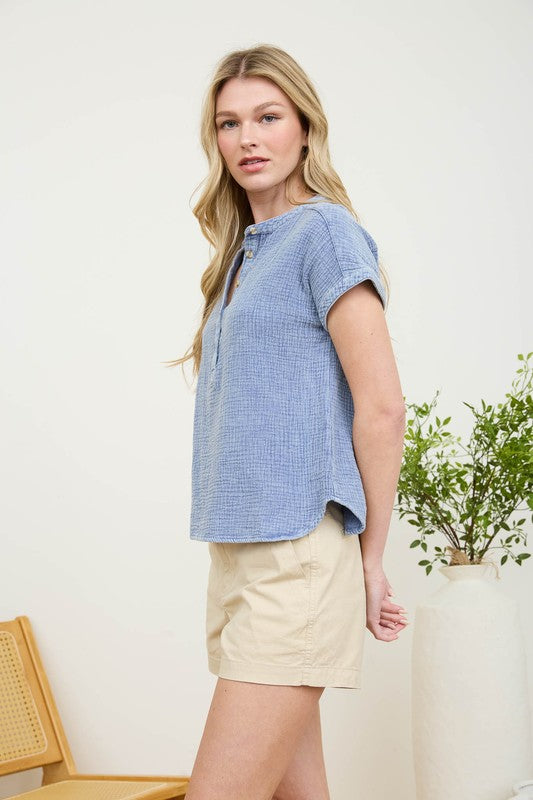Washed Crinkle Short Sleeve Henley Top | Chambray