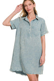 Tencel Mineral Washed Collar Dress | Blue