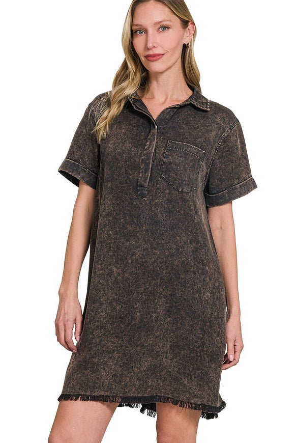 Tencel Mineral Washed Collar Dress | Ash Black