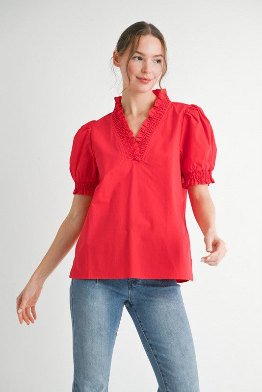 Frilled Cotton Poplin Top | Red