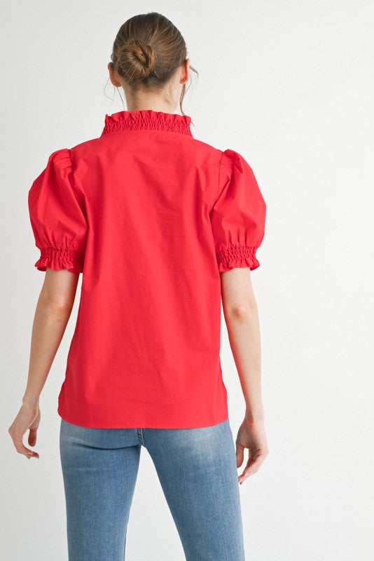 Frilled Cotton Poplin Top | Red