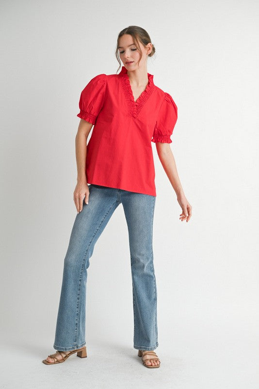Frilled Cotton Poplin Top | Red
