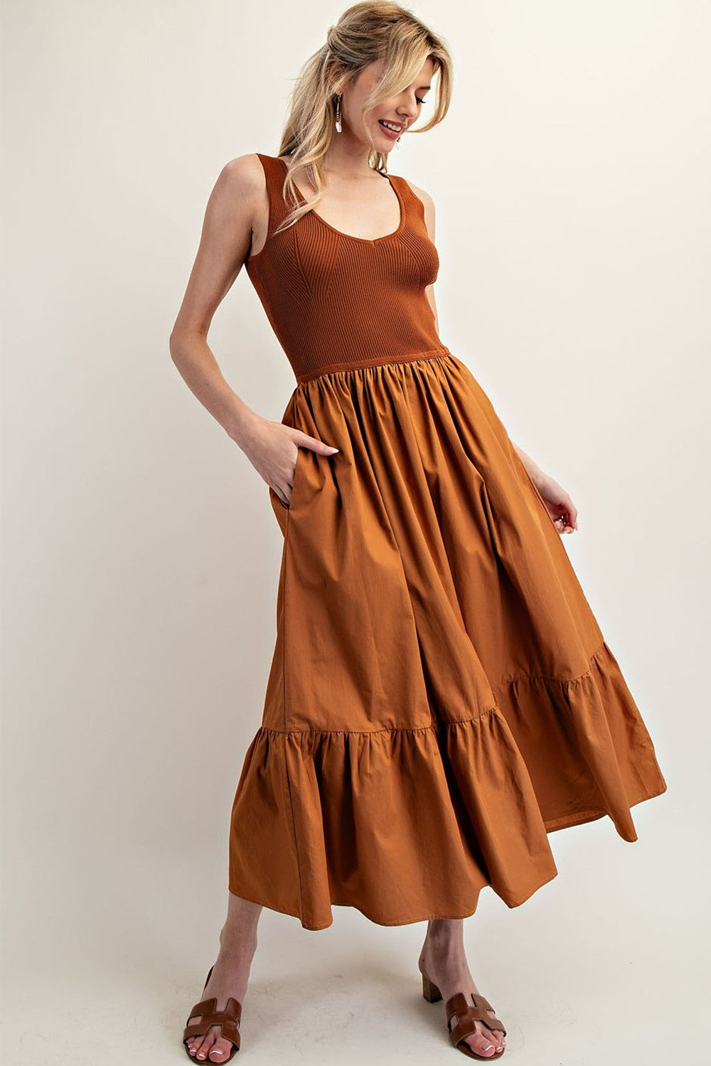 Sleeveless Ribbed Ruffle Maxi Dress | Terra Cotta