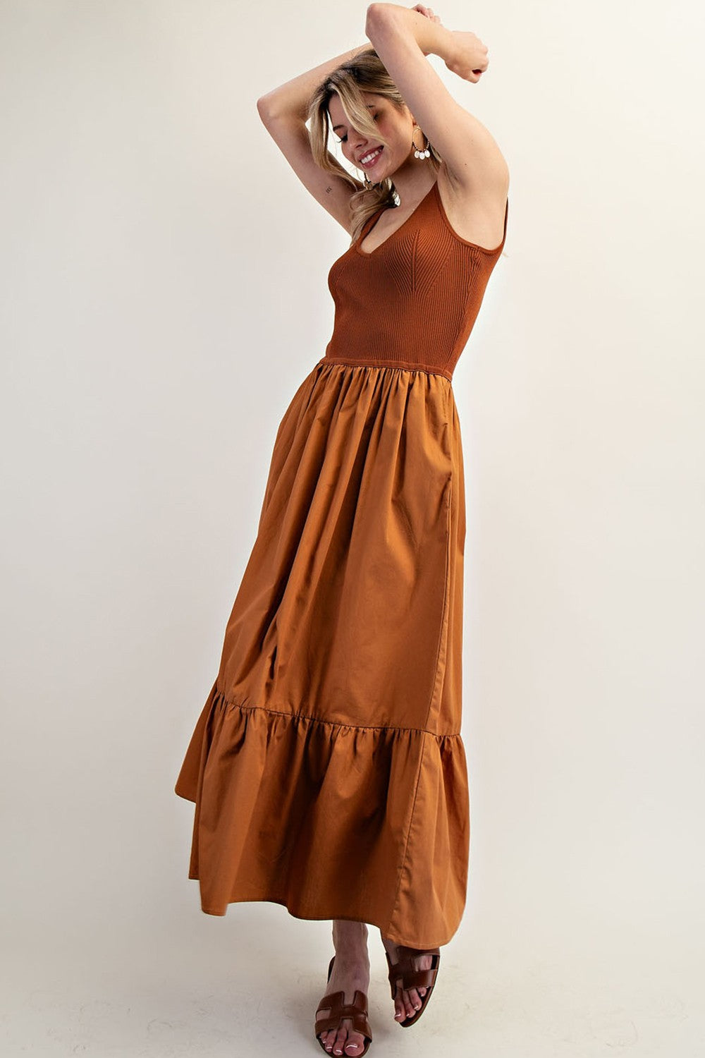Sleeveless Ribbed Ruffle Maxi Dress | Terra Cotta