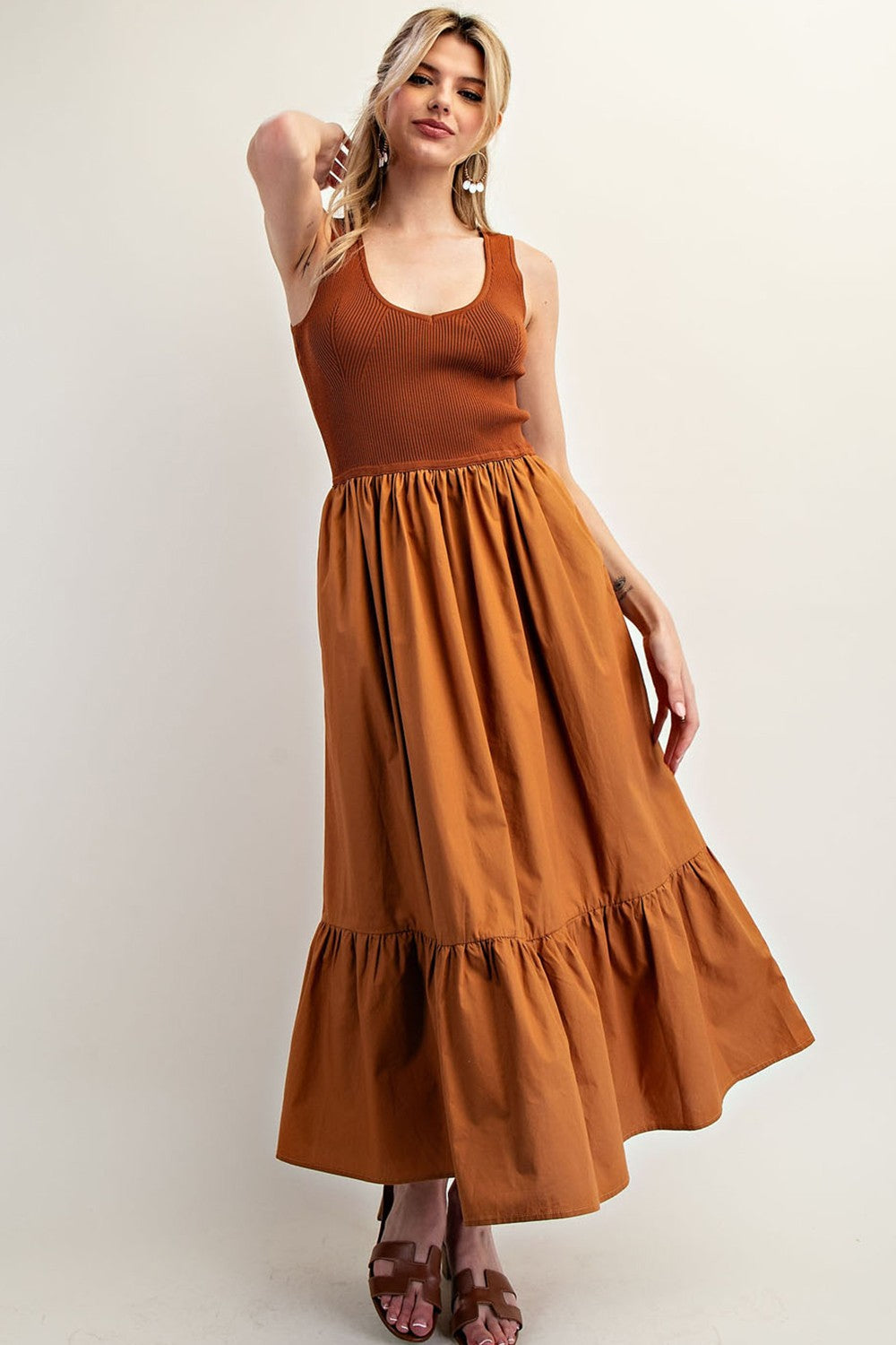 Sleeveless Ribbed Ruffle Maxi Dress | Terra Cotta