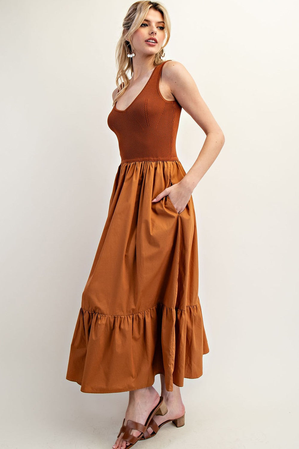 Sleeveless Ribbed Ruffle Maxi Dress | Terra Cotta