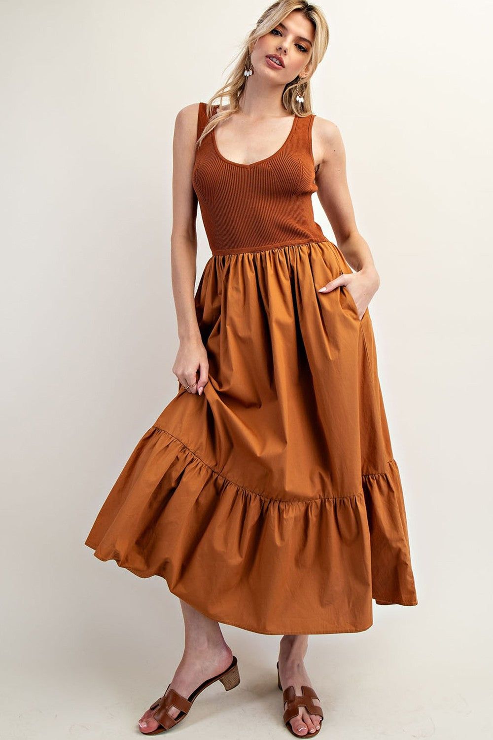 Sleeveless Ribbed Ruffle Maxi Dress | Terra Cotta