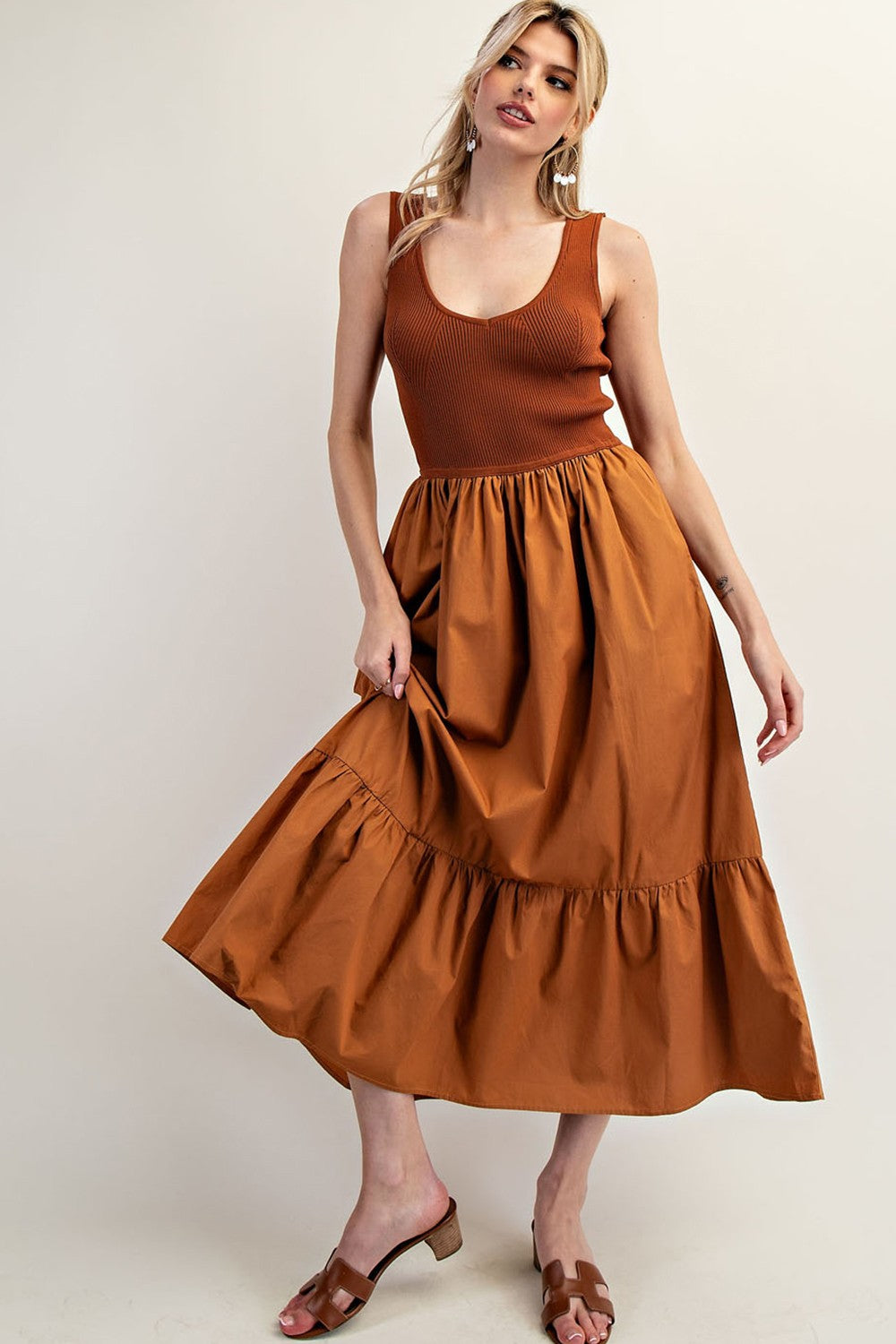 Sleeveless Ribbed Ruffle Maxi Dress | Terra Cotta