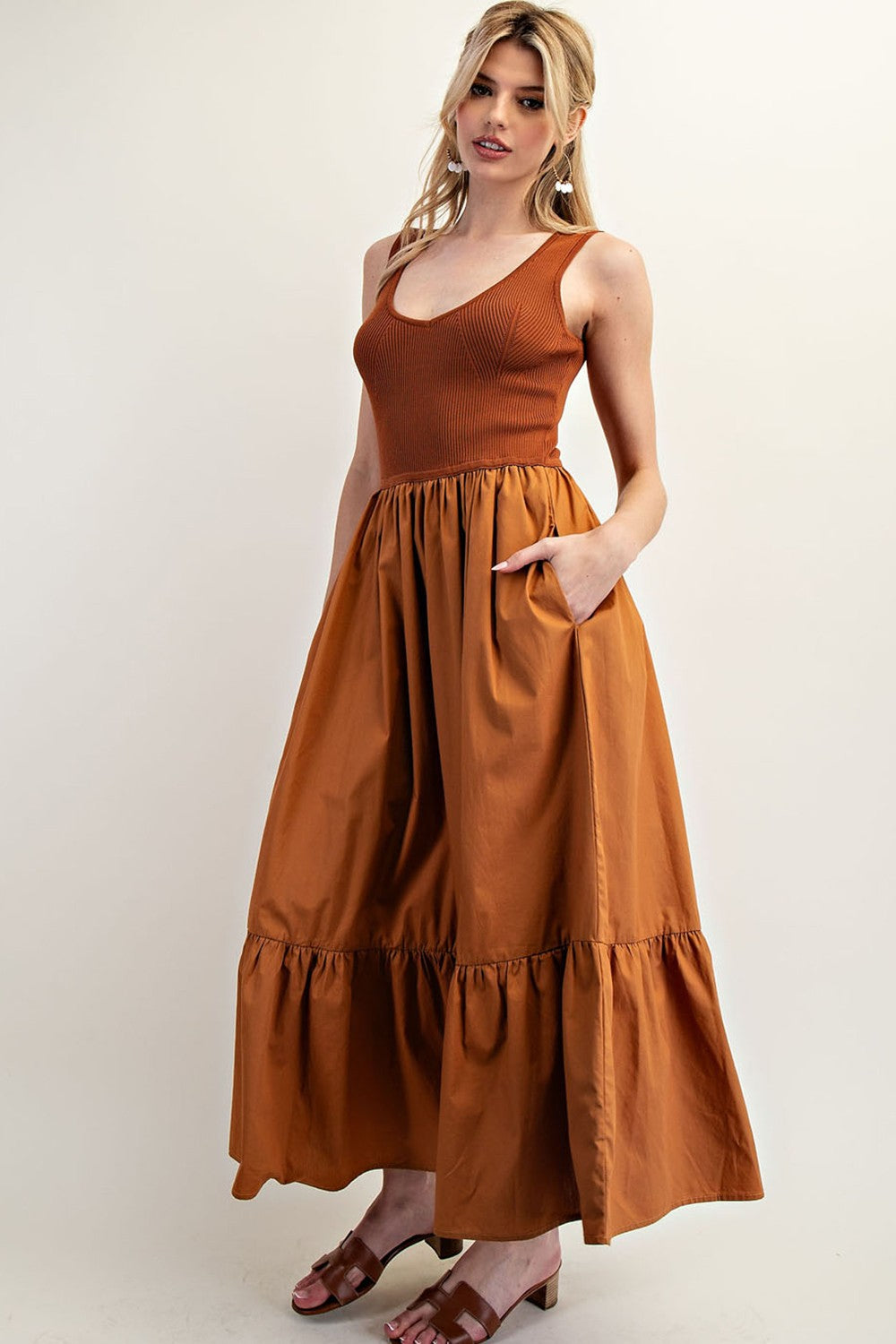 Sleeveless Ribbed Ruffle Maxi Dress | Terra Cotta
