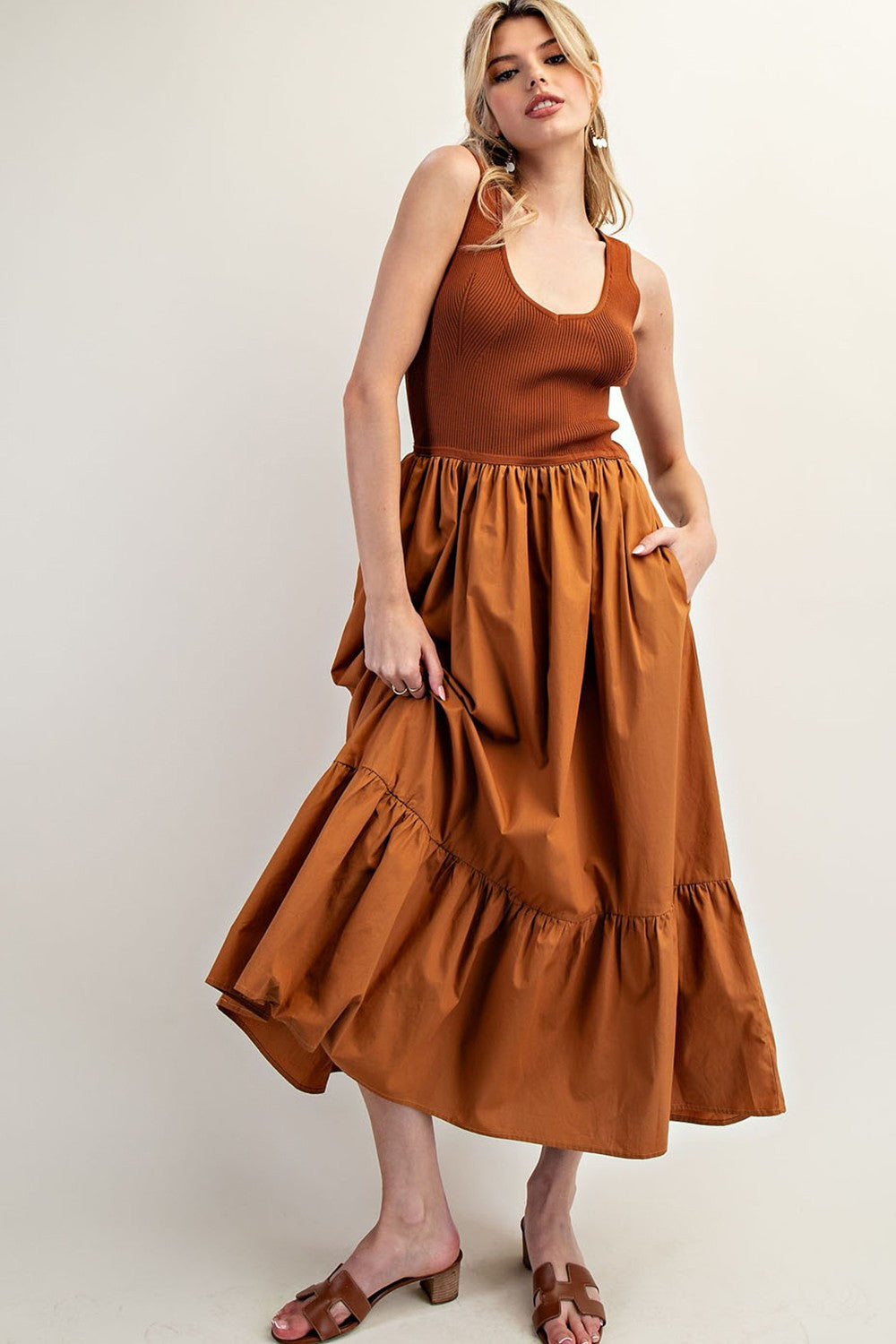 Sleeveless Ribbed Ruffle Maxi Dress | Terra Cotta