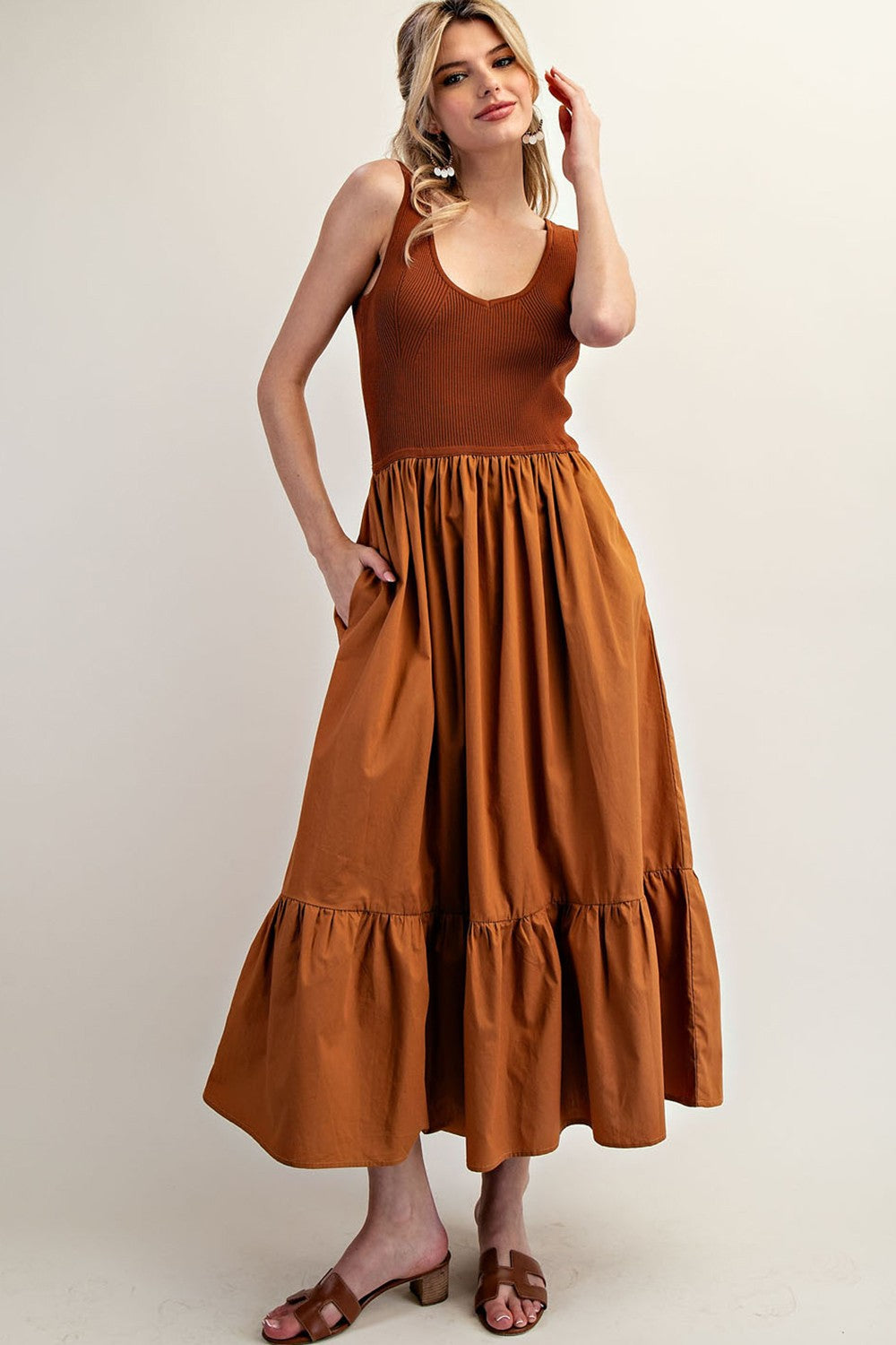 Sleeveless Ribbed Ruffle Maxi Dress | Terra Cotta