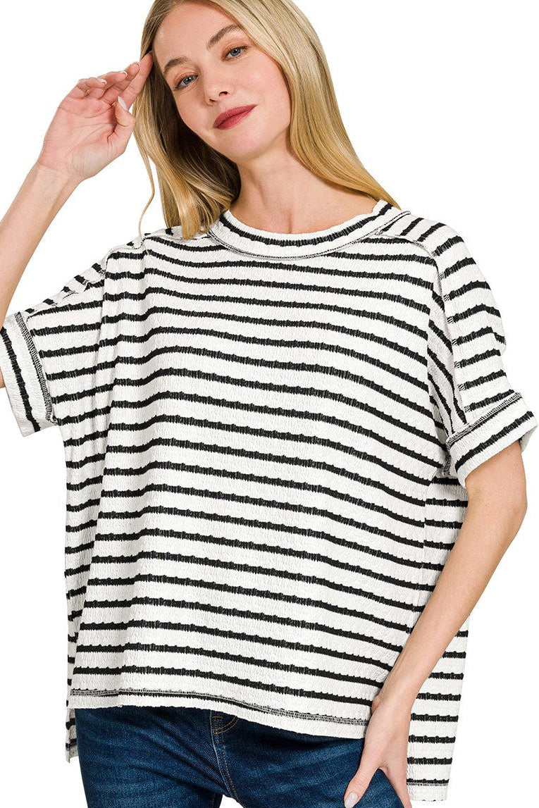 Striped Boxy Jacquard Top | Black