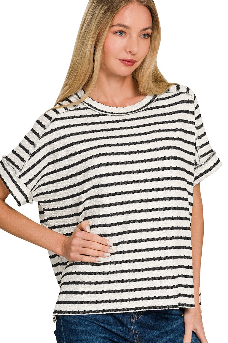 Striped Boxy Jacquard Top | Black