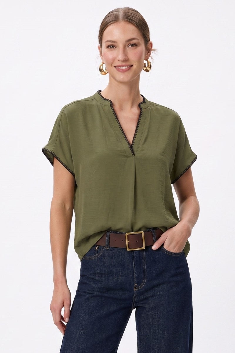 Lightweight Silk Whipstitch Top | Light Olive
