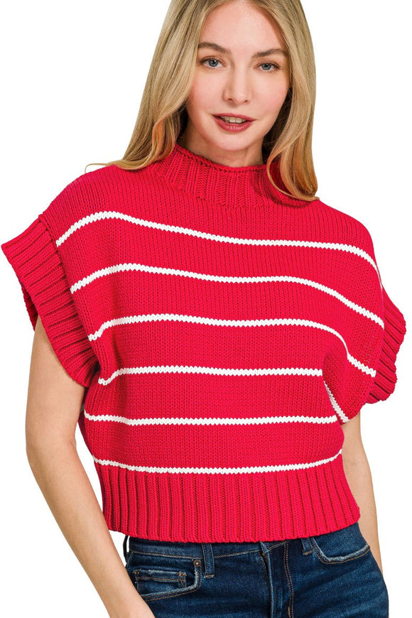 Striped Cropped Mock Neck Sweater | Red