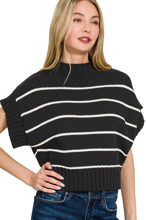 Striped Cropped Mock Neck Sweater | Black