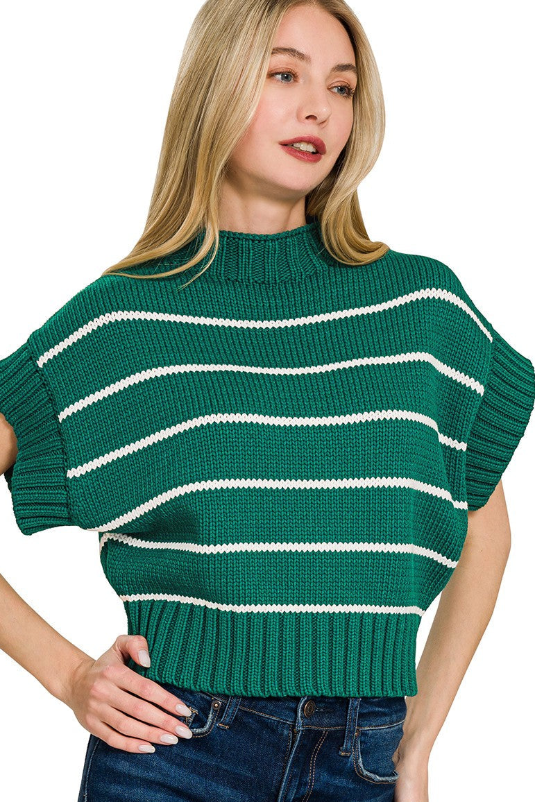 Striped Cropped Mock Neck Sweater | Hunter Green