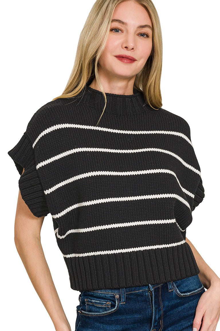 Striped Cropped Mock Neck Sweater | Black