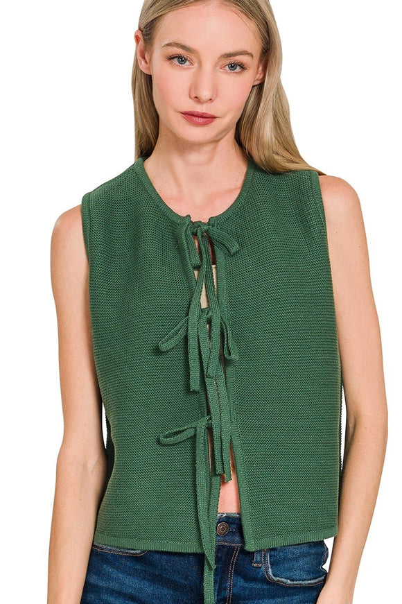 Tie Front Sweater Vest | Dark Green