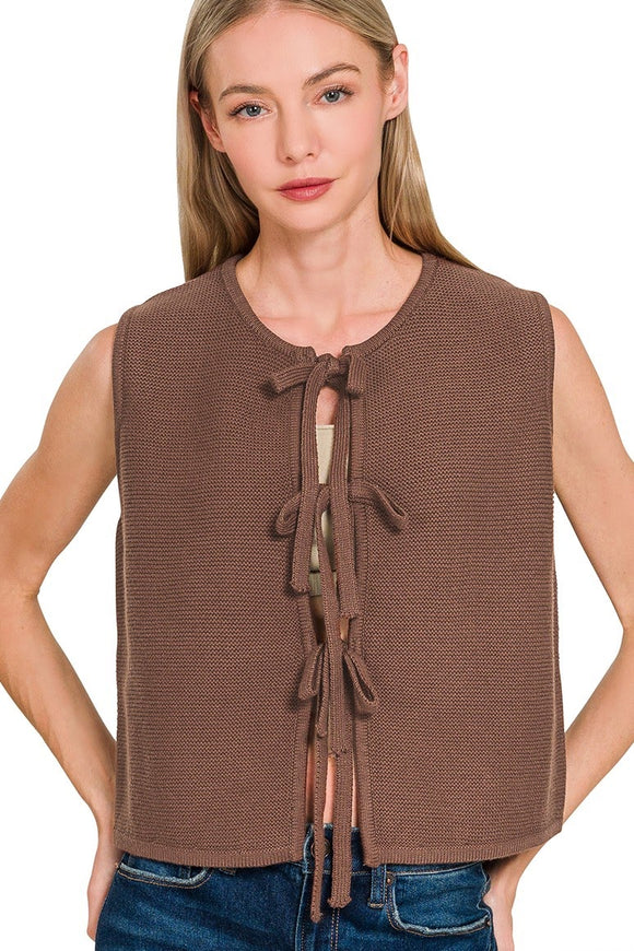 Tie Front Sweater Vest | Brown