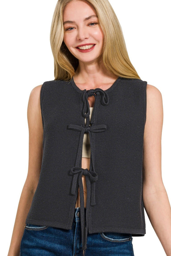 Tie Front Sweater Vest | Black