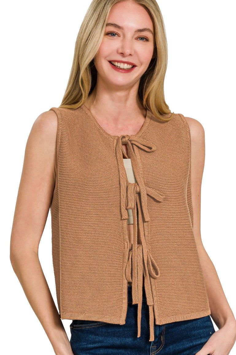 Tie Front Sweater Vest | Deep Camel