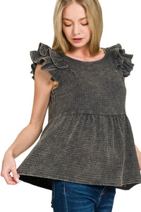 Double Ruffle Acid Washed Peplum Top | Ash Black