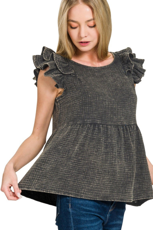 Double Ruffle Acid Washed Peplum Top | Ash Black