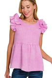 Double Ruffle Acid Washed Peplum Top | Mauve