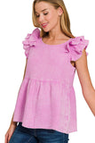 Double Ruffle Acid Washed Peplum Top | Mauve