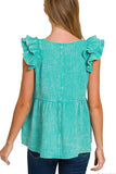 Double Ruffle Acid Washed Peplum Top | Turquoise