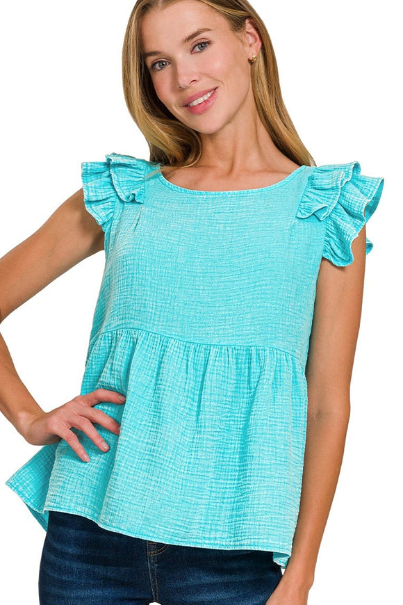 Double Ruffle Acid Washed Peplum Top | Mint