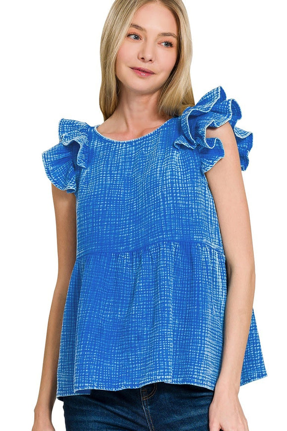 Double Ruffle Acid Washed Peplum Top | Blue