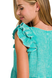 Double Ruffle Acid Washed Peplum Top | Turquoise