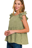 Double Ruffle Acid Washed Peplum Top | Olive