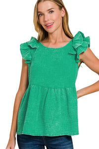 Double Ruffle Acid Washed Peplum Top | Kelly Green