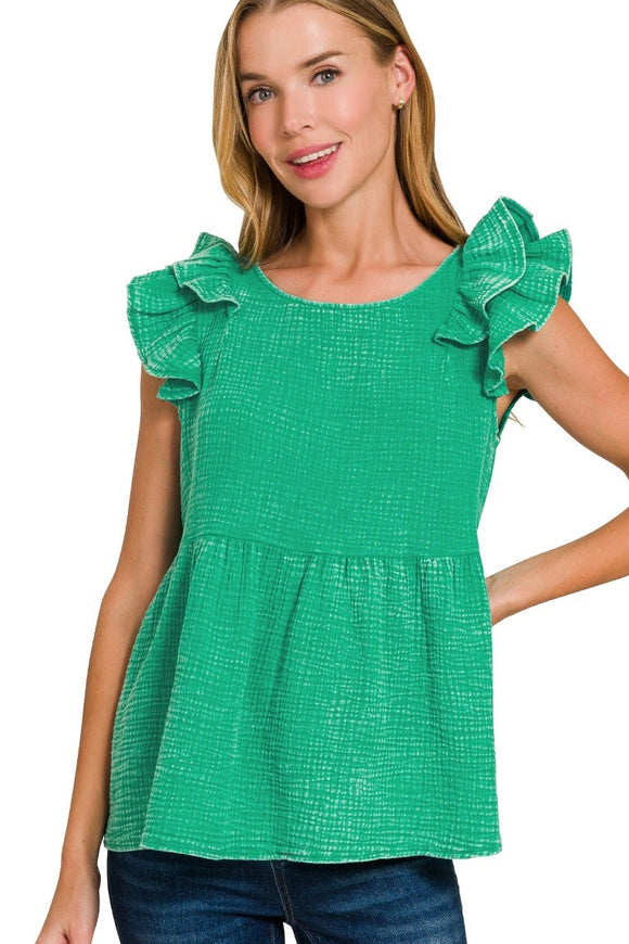 Double Ruffle Acid Washed Peplum Top | Kelly Green