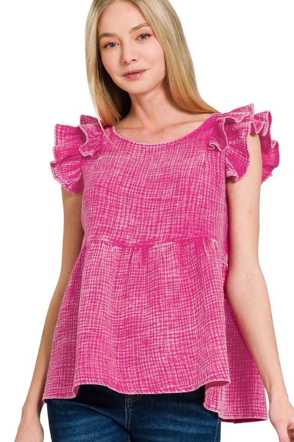 Double Ruffle Acid Washed Peplum Top | Hot Pink